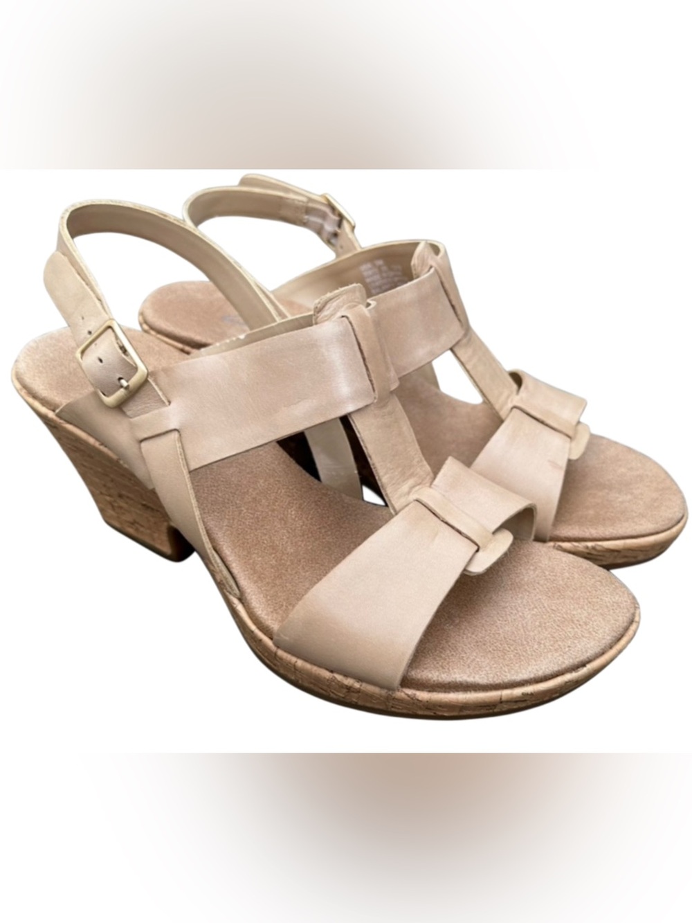Clarks Leather Wedge Sandals Beige Taupe Cork Heel Slingback Size 9M